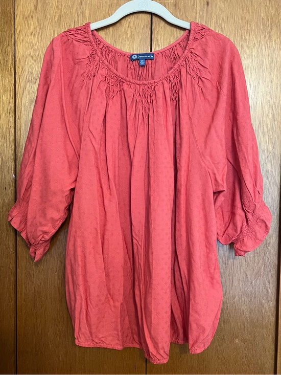 Democracy Tops - Democracy Coral Smocked Neck Peasant Blouse